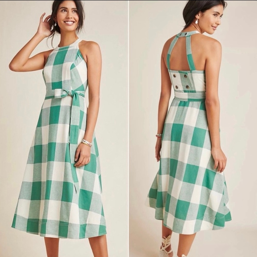 Anthropologie Maeve halter midi dress linen gingham Greta green Button accents